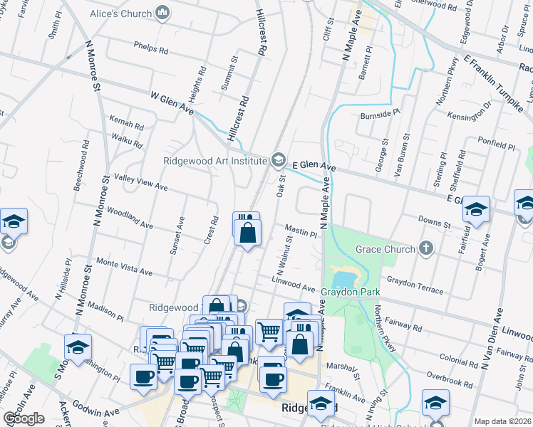 map of restaurants, bars, coffee shops, grocery stores, and more near 260 Oak Street in Ridgewood