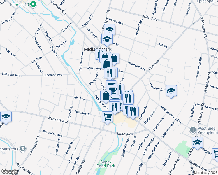 map of restaurants, bars, coffee shops, grocery stores, and more near 171 Godwin Avenue in Midland Park