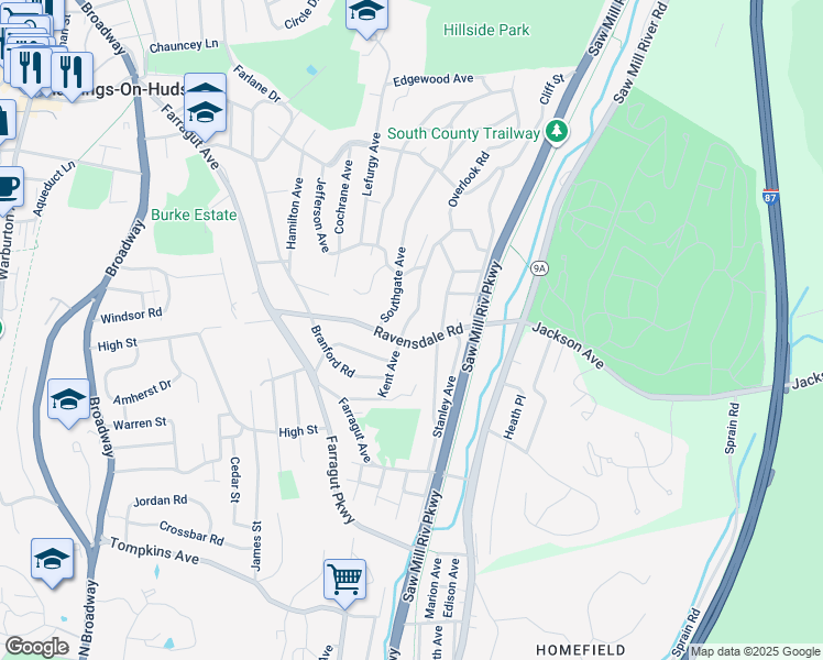 map of restaurants, bars, coffee shops, grocery stores, and more near 30 Kent Avenue in Hastings-on-Hudson