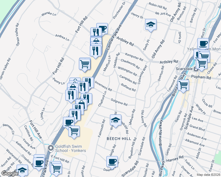 map of restaurants, bars, coffee shops, grocery stores, and more near 54 Inverness Road in Scarsdale