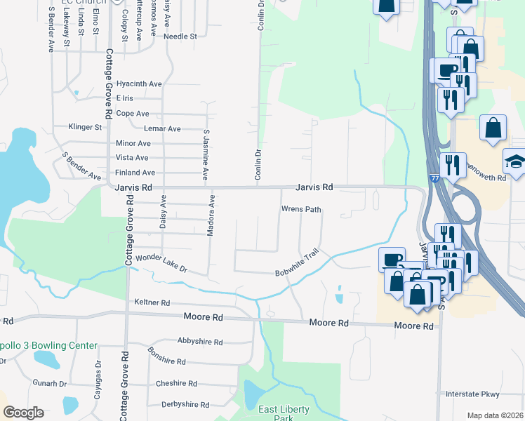 map of restaurants, bars, coffee shops, grocery stores, and more near 2961 Quail Ridge in Akron