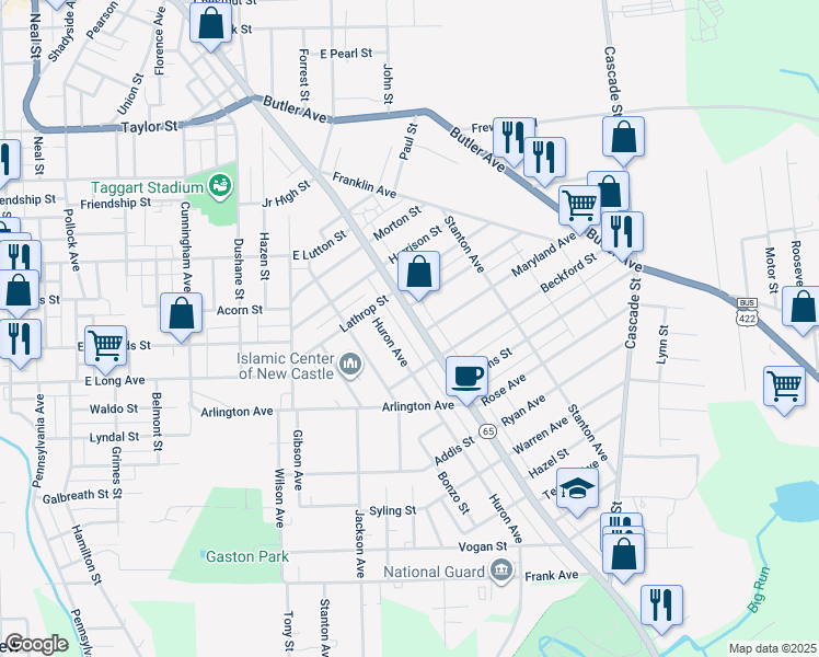 map of restaurants, bars, coffee shops, grocery stores, and more near 1222 E Washington St in New Castle