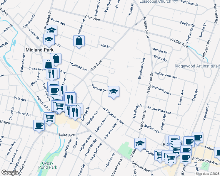map of restaurants, bars, coffee shops, grocery stores, and more near 92 Busteed Drive in Ridgewood