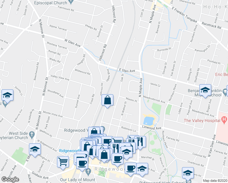 map of restaurants, bars, coffee shops, grocery stores, and more near 270 Oak Street in Ridgewood