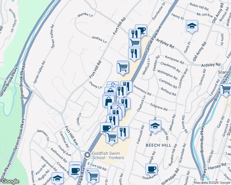 map of restaurants, bars, coffee shops, grocery stores, and more near 1 Fountain Lane in Scarsdale
