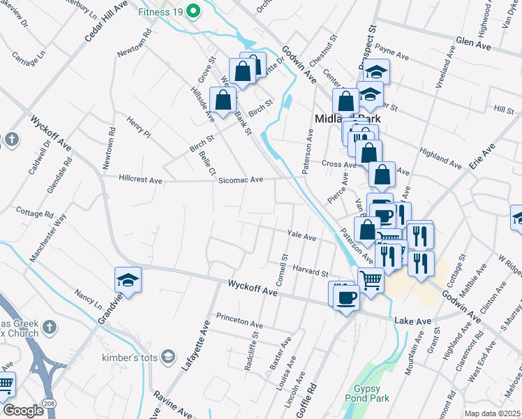map of restaurants, bars, coffee shops, grocery stores, and more near 36 Faner Road in Midland Park