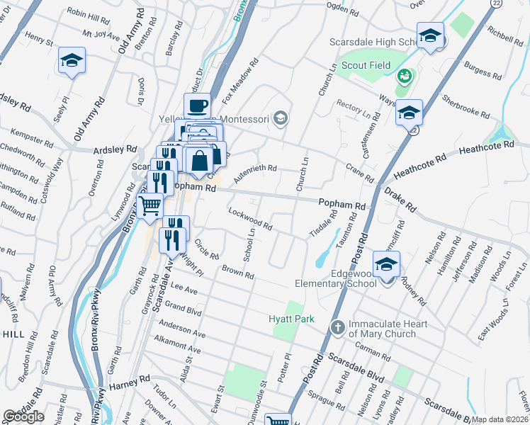map of restaurants, bars, coffee shops, grocery stores, and more near 9 Hathaway Road in Scarsdale