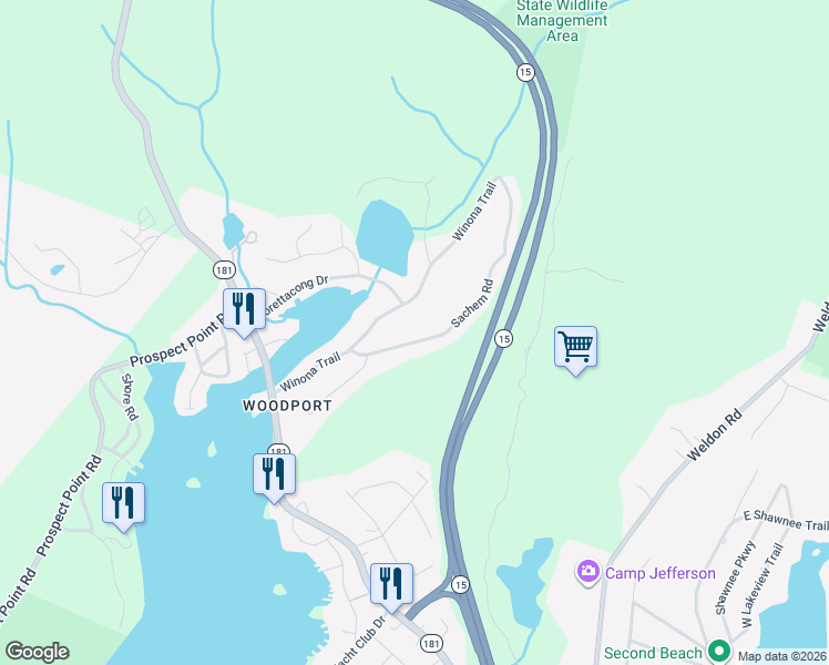 map of restaurants, bars, coffee shops, grocery stores, and more near 19 Sachem Road in Jefferson