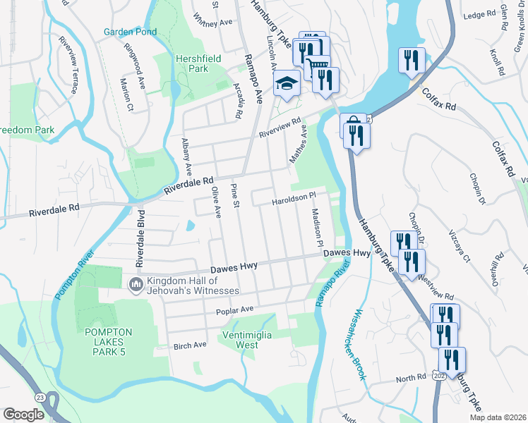 map of restaurants, bars, coffee shops, grocery stores, and more near 5 Central Avenue in Pompton Lakes