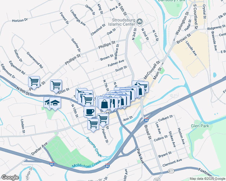 map of restaurants, bars, coffee shops, grocery stores, and more near 608 Sarah Street in Stroudsburg