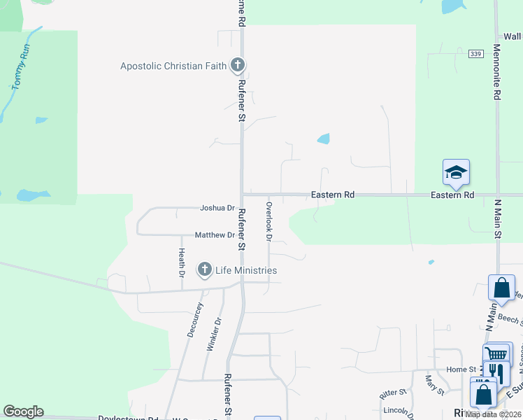 map of restaurants, bars, coffee shops, grocery stores, and more near 539 Overlook Dr in Rittman
