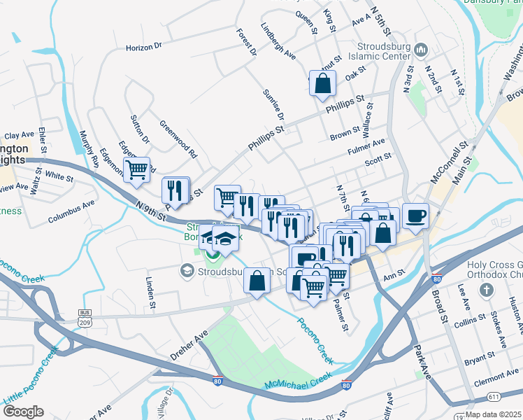map of restaurants, bars, coffee shops, grocery stores, and more near 861 Scott Street in Stroudsburg