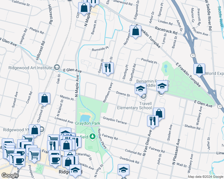 map of restaurants, bars, coffee shops, grocery stores, and more near 343 Northern Parkway in Ridgewood