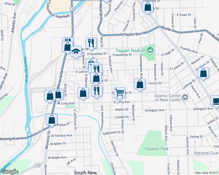 map of restaurants, bars, coffee shops, grocery stores, and more near 1106 Pollock Avenue in New Castle
