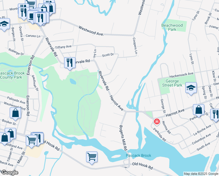 map of restaurants, bars, coffee shops, grocery stores, and more near 20 Rivervale Road in River Vale