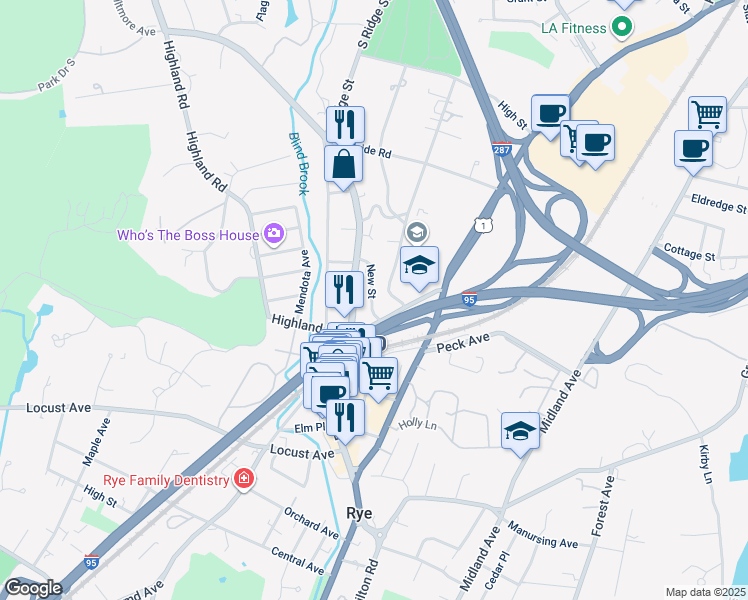 map of restaurants, bars, coffee shops, grocery stores, and more near 45 New Street in Rye
