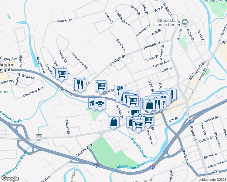 map of restaurants, bars, coffee shops, grocery stores, and more near 867 Scott Street in Stroudsburg