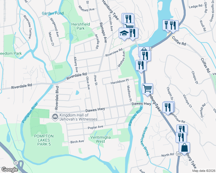 map of restaurants, bars, coffee shops, grocery stores, and more near 5 Central Avenue in Pompton Lakes