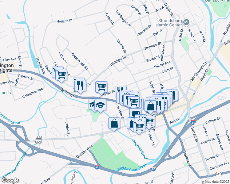 map of restaurants, bars, coffee shops, grocery stores, and more near 865 Scott Street in Stroudsburg