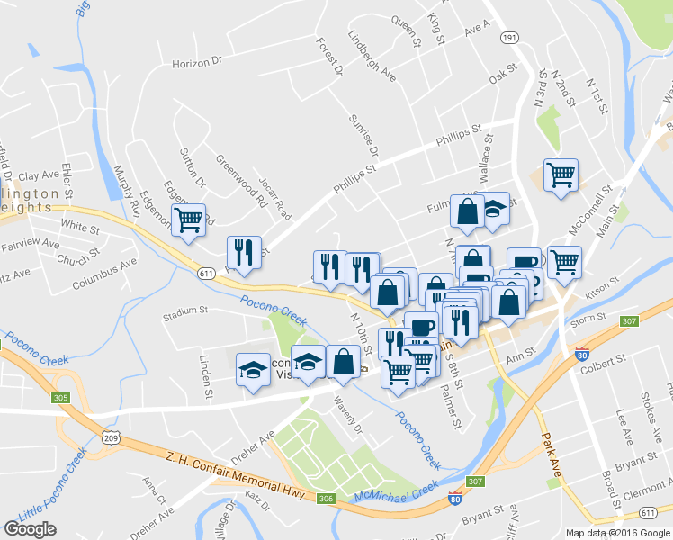 map of restaurants, bars, coffee shops, grocery stores, and more near 871 Scott Street in Stroudsburg