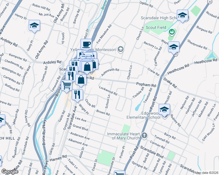 map of restaurants, bars, coffee shops, grocery stores, and more near 25 School Lane in Scarsdale