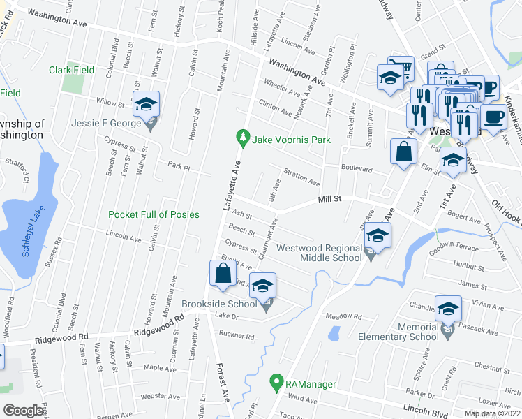 map of restaurants, bars, coffee shops, grocery stores, and more near 229 Mill Street in Westwood