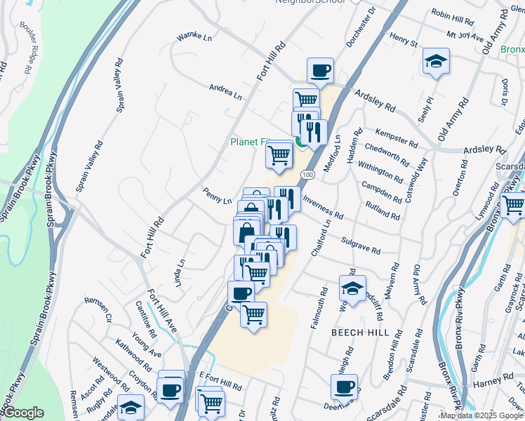 map of restaurants, bars, coffee shops, grocery stores, and more near 1 Fountain Lane in Scarsdale