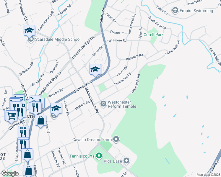 map of restaurants, bars, coffee shops, grocery stores, and more near 10 Springdale Road in Scarsdale