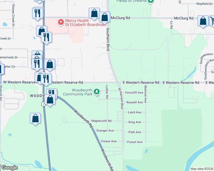 map of restaurants, bars, coffee shops, grocery stores, and more near 325 Luther Road in Youngstown