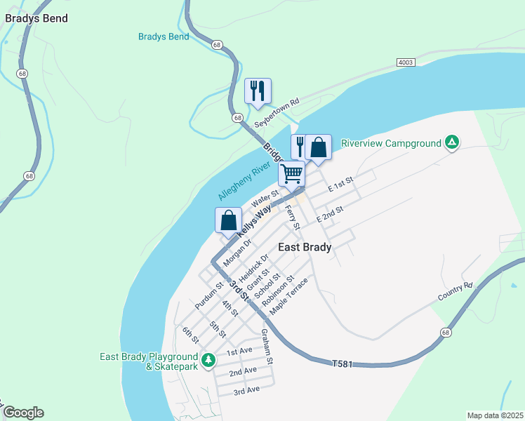 map of restaurants, bars, coffee shops, grocery stores, and more near 414 Kellys Way in East Brady
