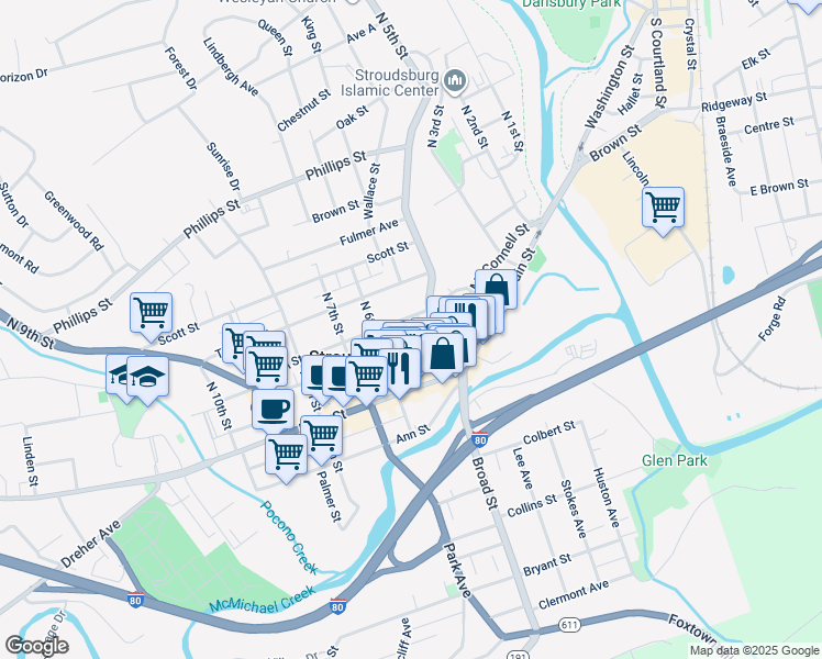 map of restaurants, bars, coffee shops, grocery stores, and more near 519 Sarah Street in Stroudsburg