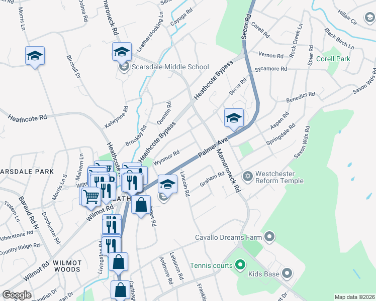 map of restaurants, bars, coffee shops, grocery stores, and more near 37 Wynmor Road in Scarsdale