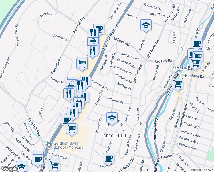 map of restaurants, bars, coffee shops, grocery stores, and more near 54 Inverness Road in Scarsdale