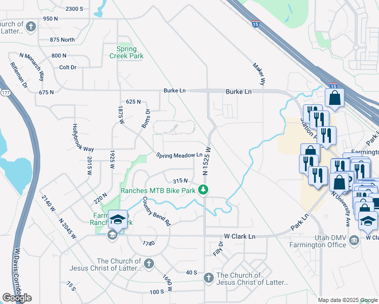 map of restaurants, bars, coffee shops, grocery stores, and more near 1622 Spring Meadow Lane in Farmington