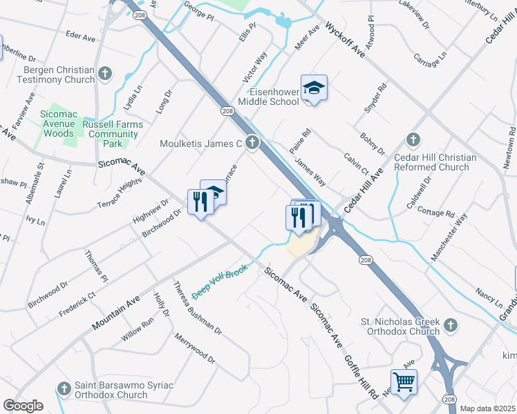 map of restaurants, bars, coffee shops, grocery stores, and more near 623 Mountain Avenue in Wyckoff