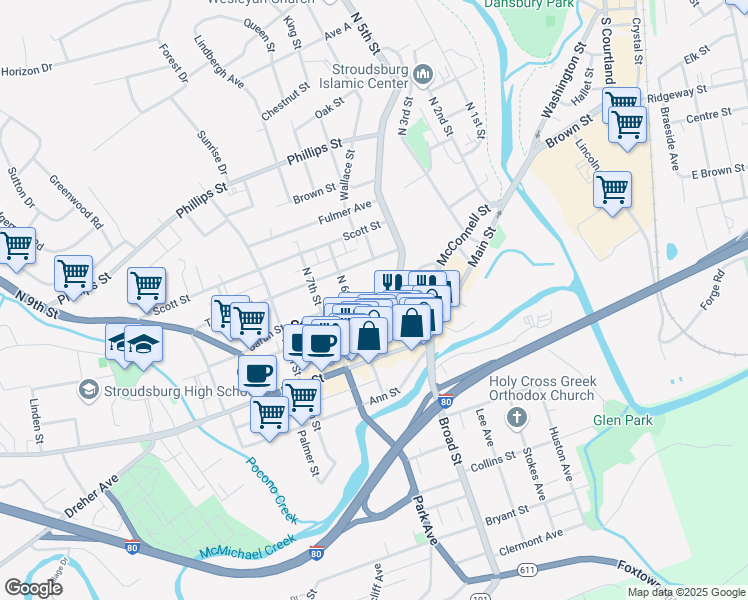 map of restaurants, bars, coffee shops, grocery stores, and more near 537 Sarah Street in Stroudsburg