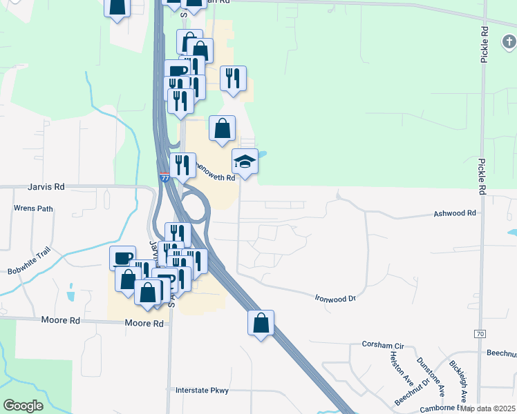 map of restaurants, bars, coffee shops, grocery stores, and more near 2979 Chenoweth Road in Akron