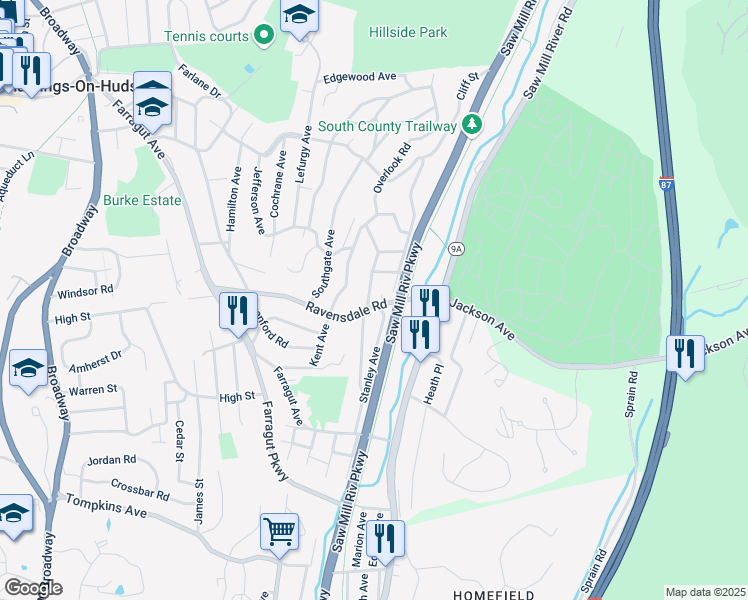 map of restaurants, bars, coffee shops, grocery stores, and more near 14 Clinton Avenue in Hastings-on-Hudson