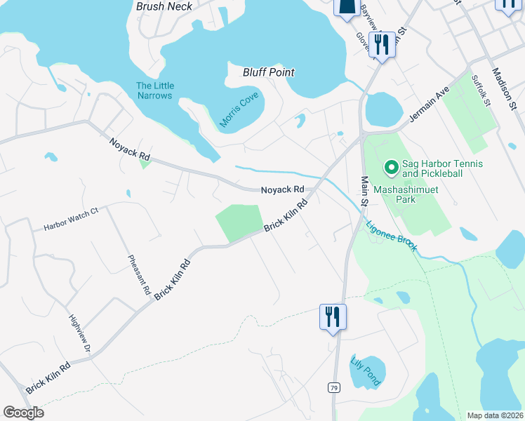 map of restaurants, bars, coffee shops, grocery stores, and more near 1219 Brick Kiln Road in Sag Harbor