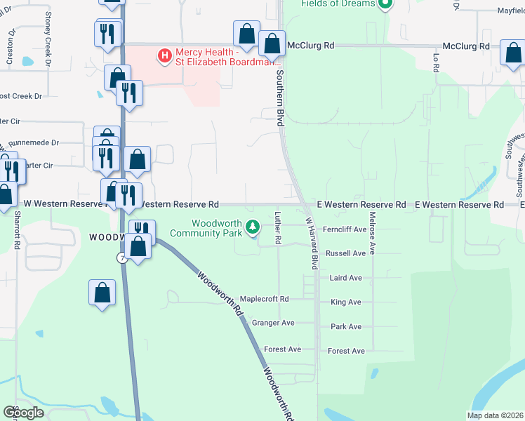 map of restaurants, bars, coffee shops, grocery stores, and more near 325 Luther Road in Youngstown