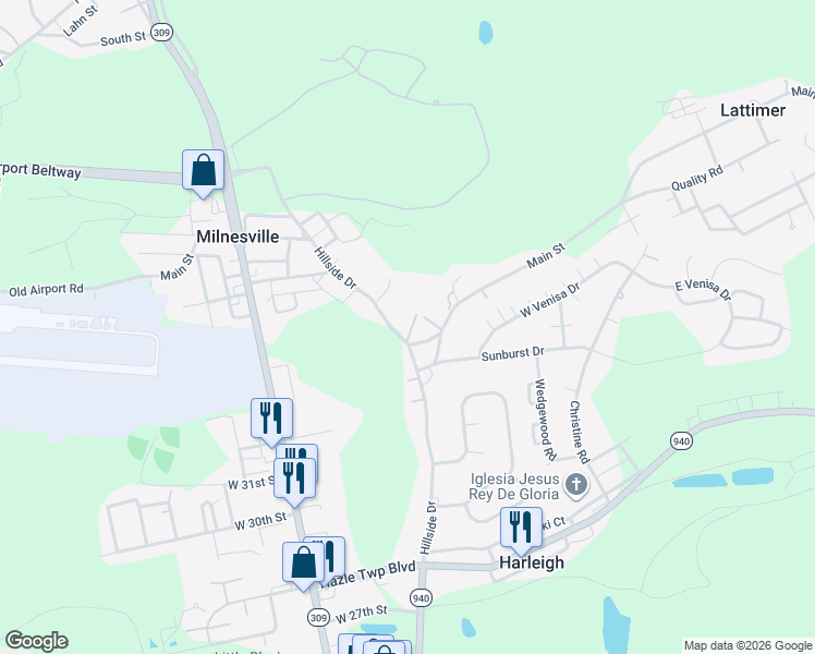 map of restaurants, bars, coffee shops, grocery stores, and more near 1-5 Main St in Hazleton