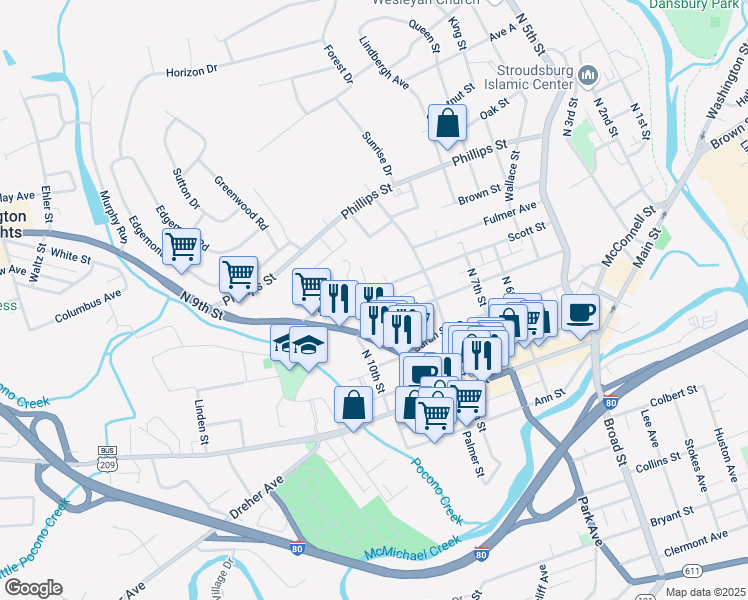 map of restaurants, bars, coffee shops, grocery stores, and more near 4 Stone Street in Stroudsburg
