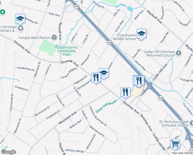 map of restaurants, bars, coffee shops, grocery stores, and more near 370 Sicomac Avenue in Wyckoff