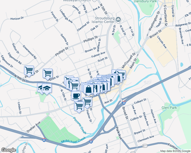 map of restaurants, bars, coffee shops, grocery stores, and more near 608 Sarah Street in Stroudsburg