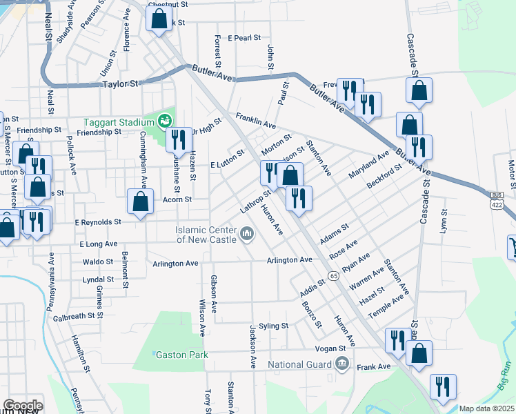 map of restaurants, bars, coffee shops, grocery stores, and more near 1210 Huron Avenue in New Castle