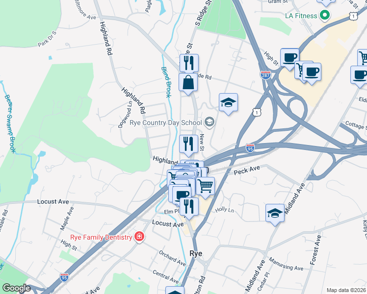 map of restaurants, bars, coffee shops, grocery stores, and more near 141 Purchase Street in Rye