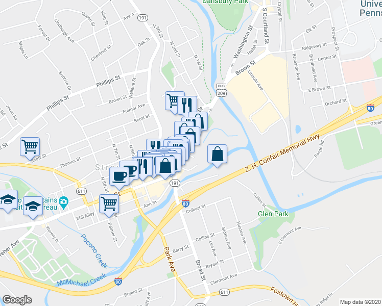 map of restaurants, bars, coffee shops, grocery stores, and more near 353 Main Street in Stroudsburg