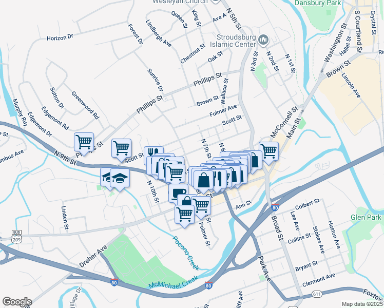 map of restaurants, bars, coffee shops, grocery stores, and more near 713 Thomas Street in Stroudsburg
