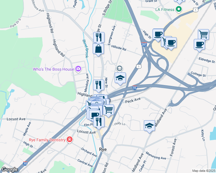 map of restaurants, bars, coffee shops, grocery stores, and more near 45 New Street in Rye