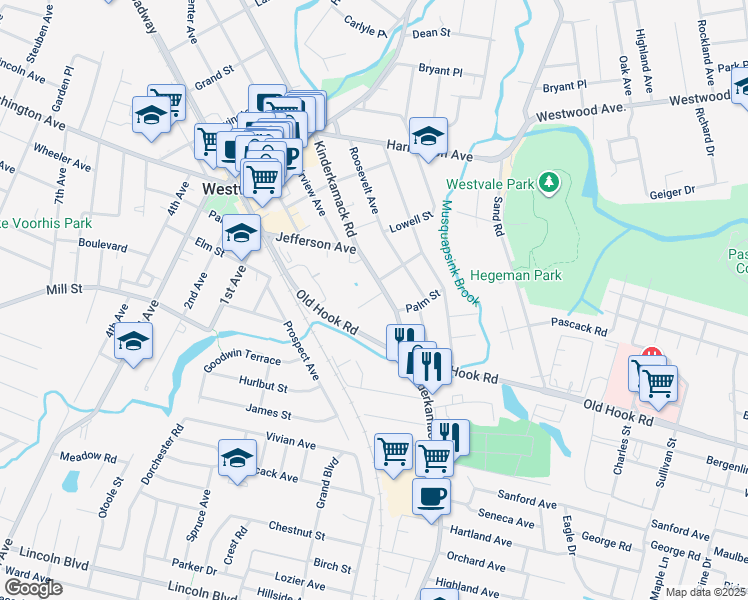 map of restaurants, bars, coffee shops, grocery stores, and more near 150 Kinderkamack Road in Westwood